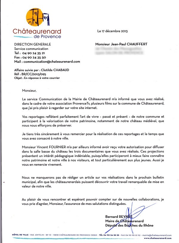 lettre de remerciement mairie de châteaurenard provencetv fr